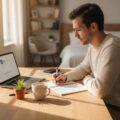 Person am Holzschreibtisch mit Laptop und Notizblock bei der Nebenjob-Suche, weiches Morgenlicht, warme Farbtöne