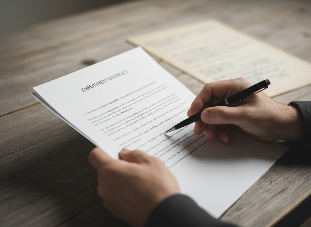 Hände halten Arbeitsvertrag und zeigen auf Klausel, zweites Dokument mit Notizen im unscharfen Hintergrund, neutrales Tageslicht