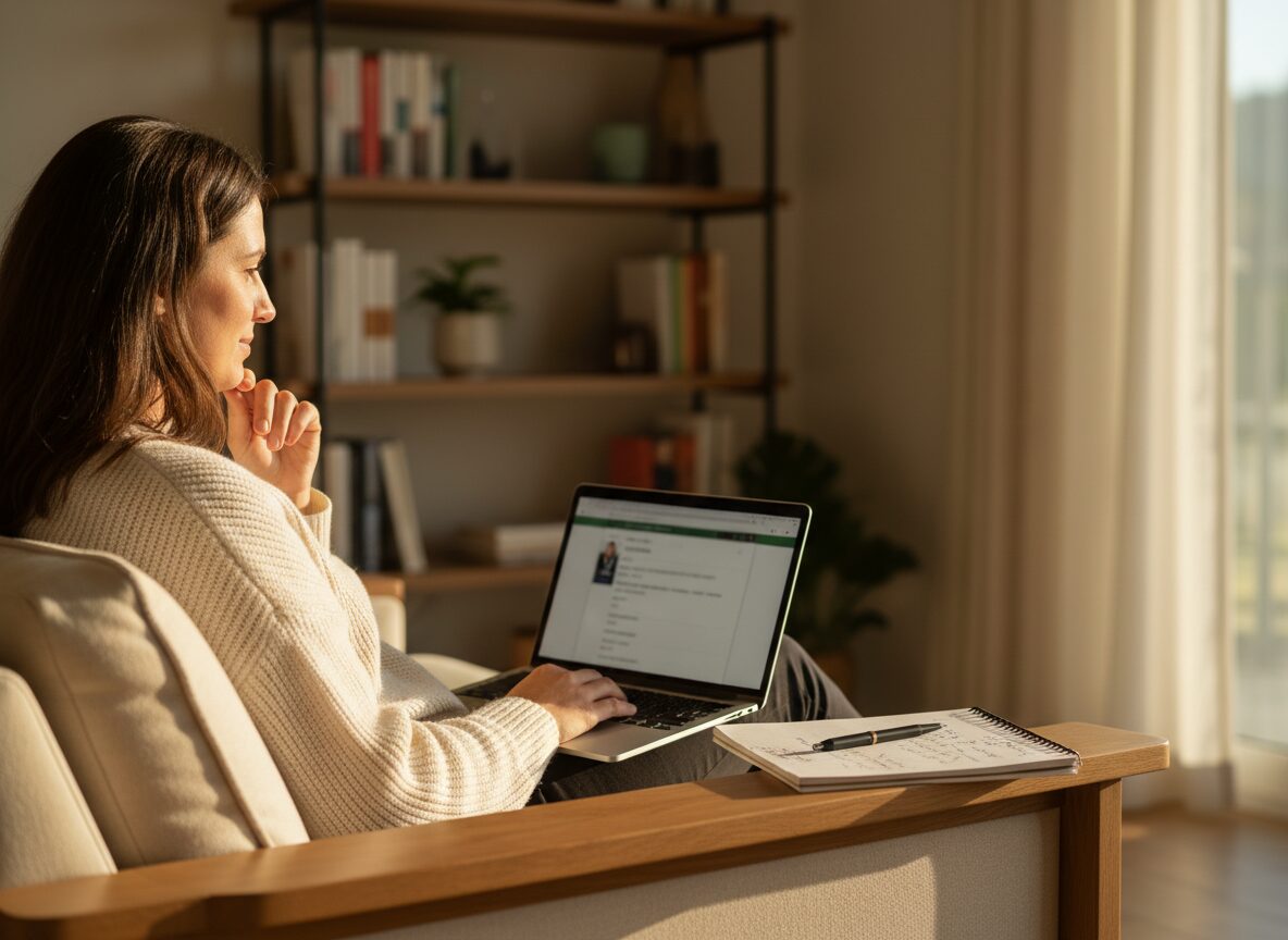 Person auf Sofa mit Laptop und Notizblock beim Durchsuchen von Jobbörsen für Nebenjobs, goldenes Nachmittagslicht, warme Töne