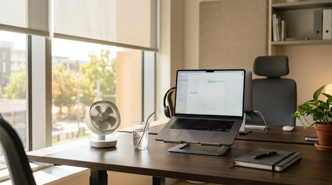 Hitze am Arbeitsplatz: ein kleiner Ventilator auf dem Schreibtisch und ein Glas Wasser an einem sonnigen Bürotag