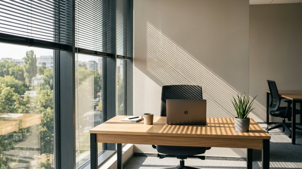Sonnenschutz im Büro: halb heruntergelassene Jalousien halten an einem heißen Tag die Wärme aus dem Arbeitsraum