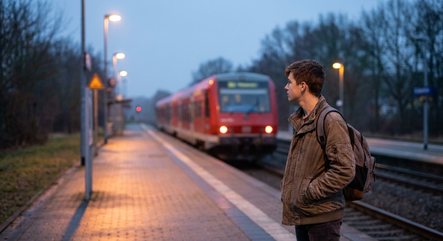 Jugendlicher mit Rucksack wartet morgens an einem kleinen Bahnsteig, im Hintergrund nähert sich ein Regionalzug